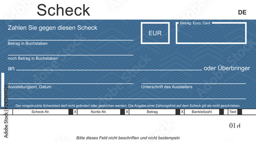 Vektor-Check mit modernem Design. Original Scheck - blanko blue. Blankoüberprüfung mit freiem Platz für Ihren Text.