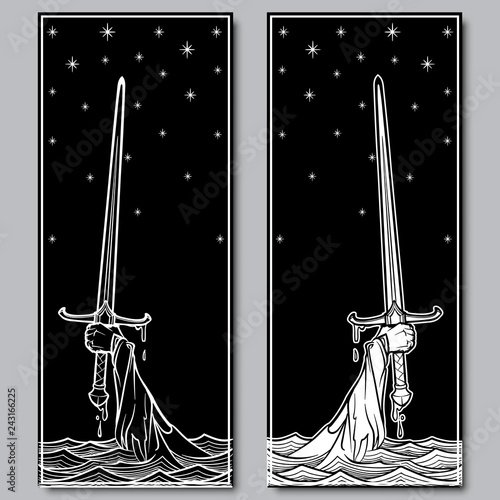 Hand holding a sword emerges from the water. Iconic scene from the Medieval European stories about King Arthur. Set of two engraving style pictures . EPS10 vector illustration