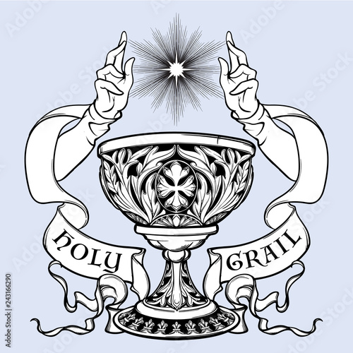 Decorative Goblet. Medieval gothic style concept art. Design element. Black a nd white drawing isolated on grey background. EPS10 vector illustration