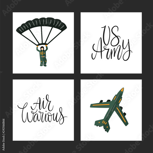 Air warious vector illustration. Military cards with flat illustrations of skydiver man, war plane and hand drawn lettering quotes.