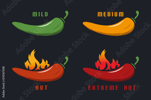 Chili Mild, Medium, Hot, Extreme Hot With Flame - Colorful Vector Illustration - Isolated On Black Background