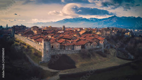 Ricetto of Candelo, Biella, Italy, aerial view at sunset