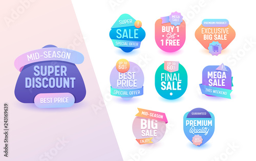 Sale Offer Geometric Colorful Mega Set. Online Advertising Campaign Special Price Offer Line Sticker Badge Geometric Design. Free Neon Tag Gradient Promotion Element Flat Vector Illustration