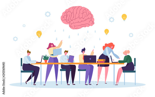 Office Team Character Brainstorm Work Conference. Business People Group Meeting at Desk Laptop with Brain Symbol above. Corporate Project Creative Teamwork Flat Cartoon Vector Illustration
