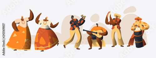 Brazilian Carnival Character Dancer Set. Woman Dance in Traditional Brazil Costume at National Holiday Celebration. Man Play Music Guitar. Exotic People Parade Flat Cartoon Vector Illustration