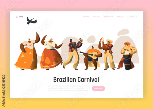 Brazilian Carnival Character Landing Page. Woman Dance in Exotic Brazil Costume at National Holiday Celebration. Man Play Guitar. People Parade for Website or Web Page Flat Cartoon Vector Illustration © Pavlo Syvak
