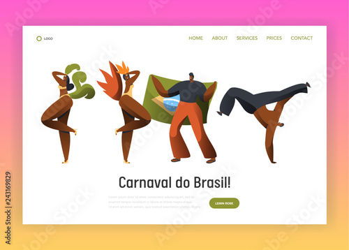 Brazil Carnival Dancer Character Landing Page. Man Woman Dance at Brazilian National Holiday Vivid Festival. Exotic Multicolor Carnaval Website or Web Page Flat Cartoon Vector Illustration