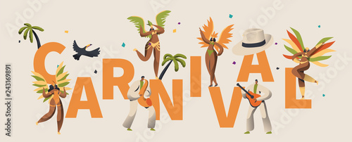 Brazilian Costume Carnival Exotic Character Typography Banner. Feather Wing Bikini Woman Dance Salsa. Man in Retro Costume Play Music for Rio Festival Banner Design Flat Cartoon Vector Illustration