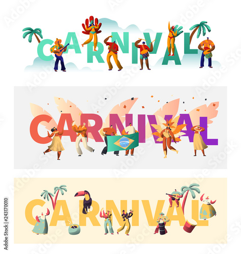 Brazil Carnival Exotic Costume Typography Poster Set. Wing Bikini Latino Woman Colorful Parade. Man Play Tropical Music for Rio Happy Festival Banner Print Design Flat Cartoon Vector Illustration