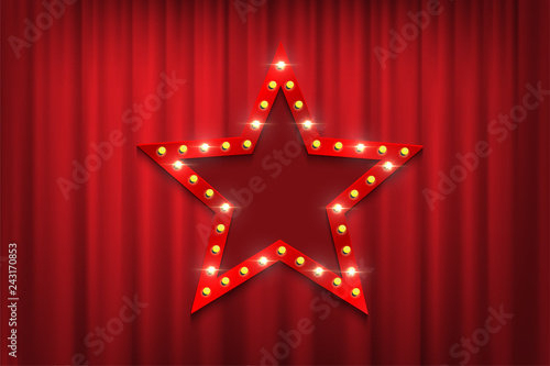 Red star sign with light bulbs against theatre red curtains. Vector design template.