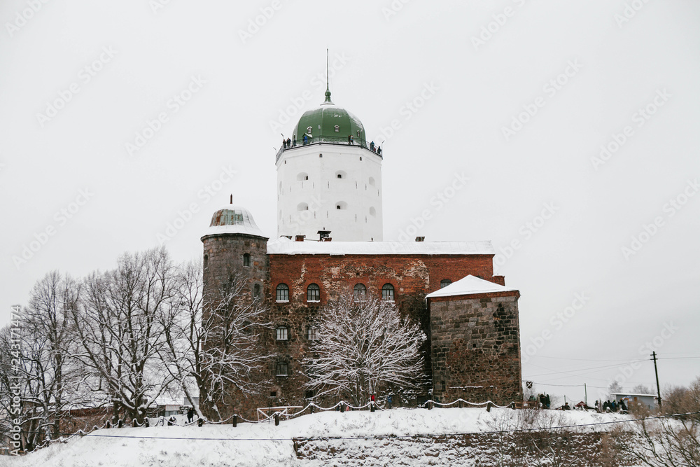 Russia, Leningrad region, Vyborg, medieval castle on the island at winter.