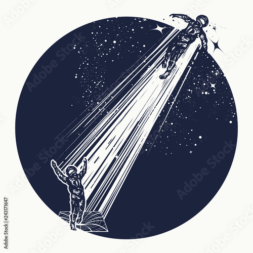 Two astronauts in space tattoo art. Symbol of science, space researches, new horizons. Spaceman in universe t-shirt design