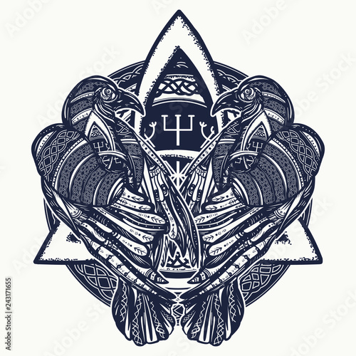 Two celtic ravens tattoo. Scandinavian symbols of vikings, travelers, mascot. Celtic gothic style art t-shirt design