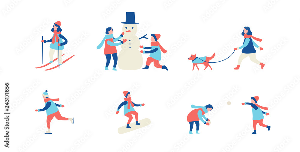 Winter activities. Men, women and children ski, ice-skate, make a snowman and play snowballs. Flat cartoon vector illustration 