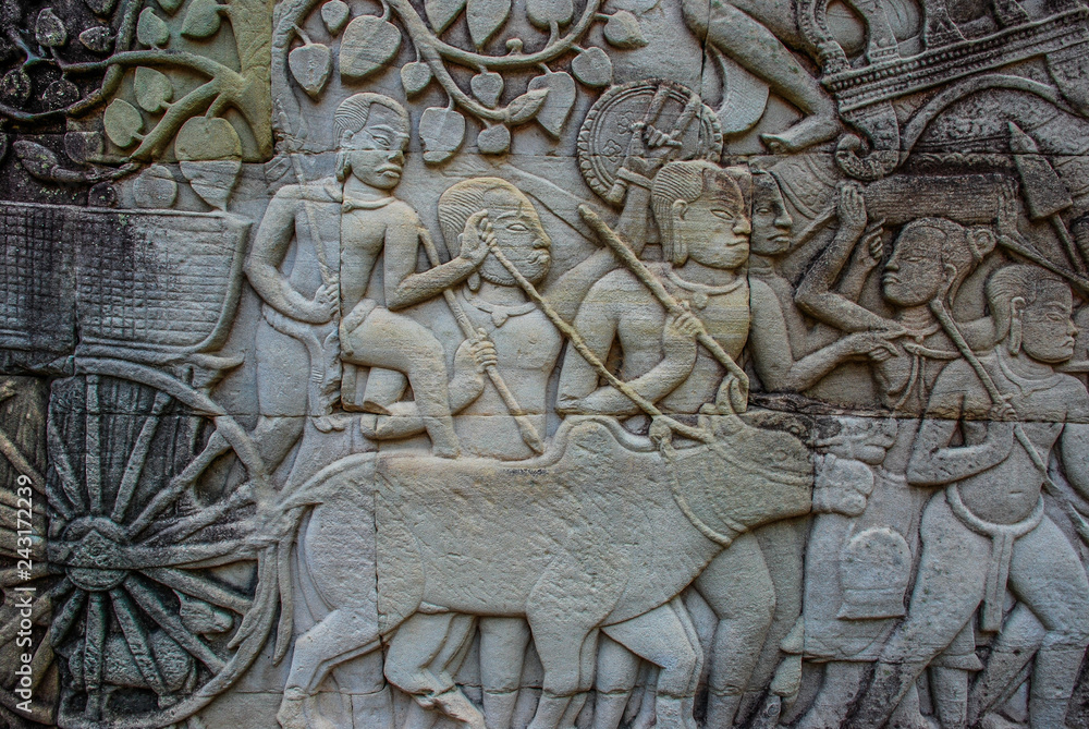 Warriors on Ox Cart Carving on Walls of Angkor Wat
