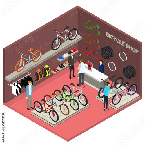 Bicycle Shop Interior with Furniture Isometric View. Vector