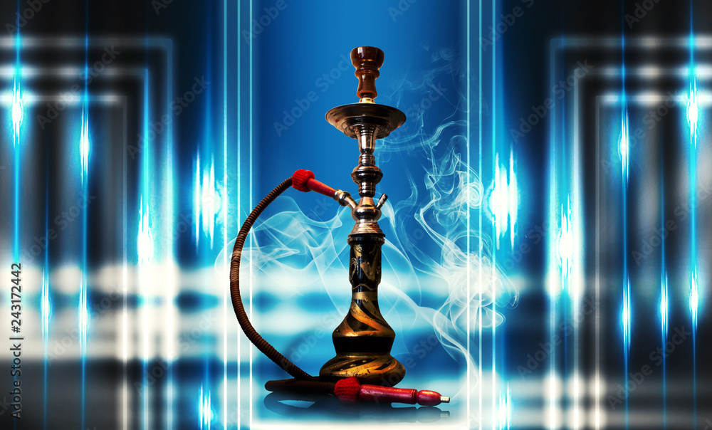 Hookah smoking on a blue futuristic background with neon rays, smoke, spotlight Hookah smoking on a blue futuristic background with neon rays, smoke, spotlight