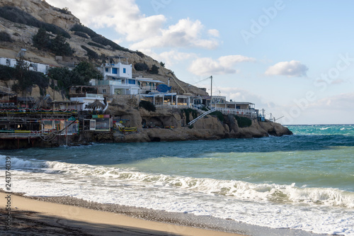 Buildings on the cliff at the south side of Matala bay.