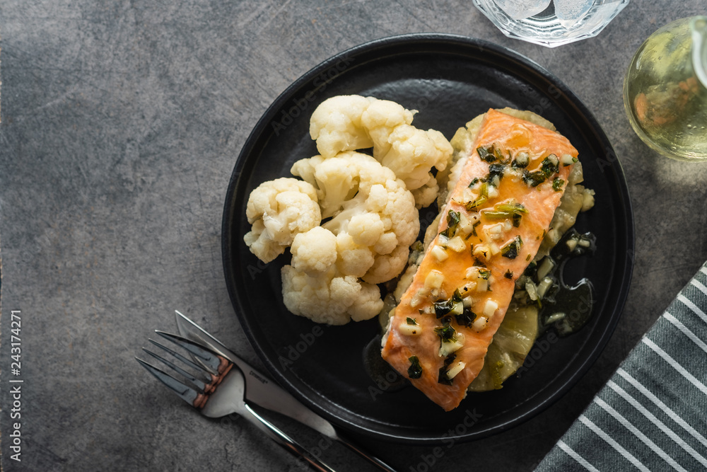 Solomon fillet with pineapple and cauliflower. Fish with vegetables. Solomon fillet with pineapple and cauliflower. Fish with vegetables.