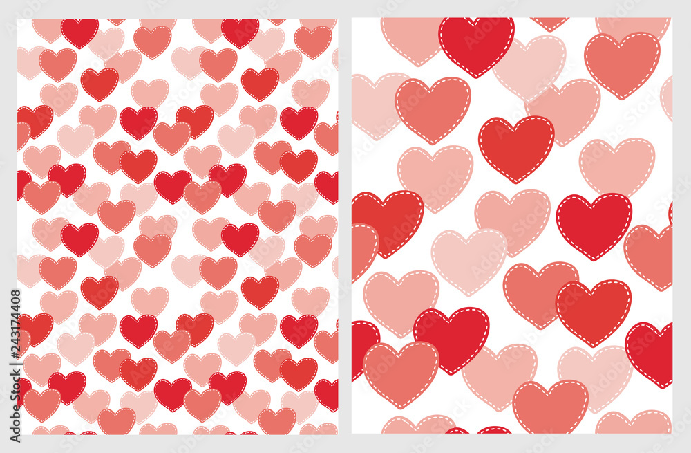 Cute Red Hearts Vector Patterns. Red Hand Drawn Hearts on a White