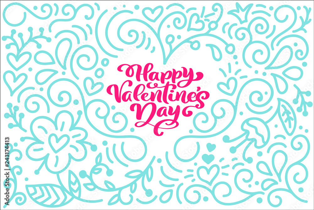 Card Calligraphy phrase Happy Valentine s Day with monoline flourish Heart. Vector Valentines Day Hand Drawn lettering. Holiday sketch doodle Design valentine card. Isolated illustration