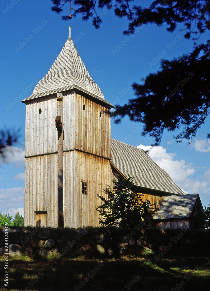 Wooden church in Kashubian Ethnographic Park in Wdzydze Kiszewskie. Poland.