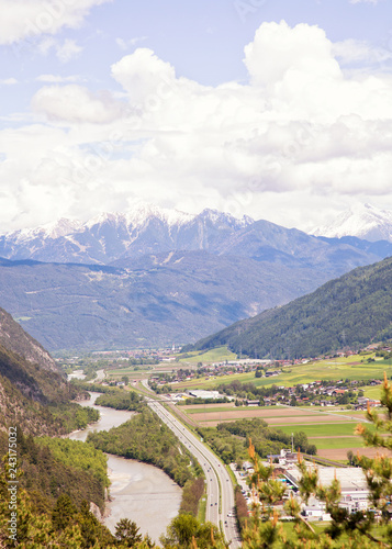 Panoramic bird's eye view of the cities Rietz, Telfs, Stams and the river Inn in Tyrol, Austria (Europe). photo