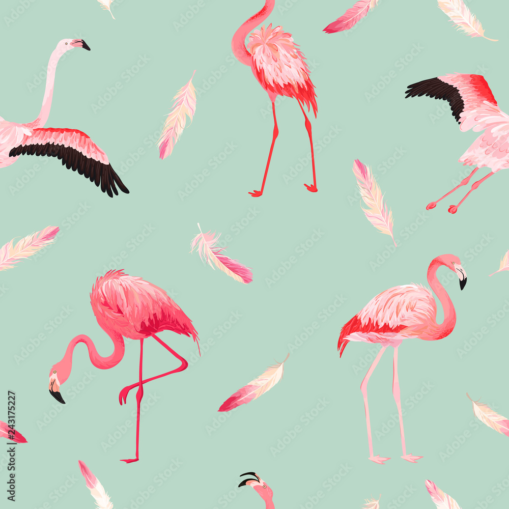 Obraz premium Tropical Flamingo seamless vector summer pattern with pink feathers. Exotic Pink Bird background for wallpapers, web page, texture, textile. Animal Wildlife Design