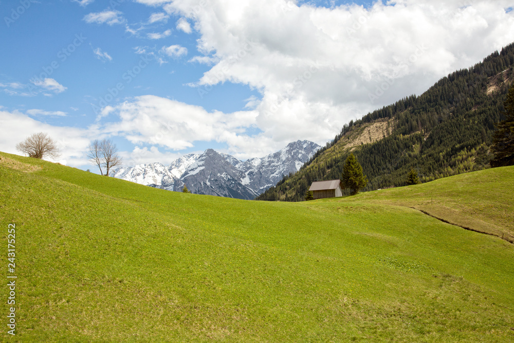 Beautiful alp meadows with stellar views on the hills and the Zugspitze mountain range near Lähn, Tyrol, Austria.