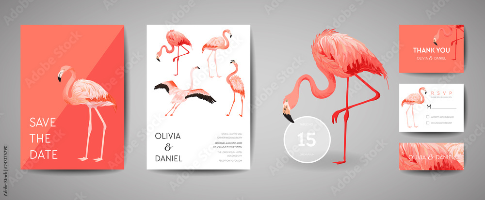 Obraz premium Set of Tropical retro wedding invitation card, modern Save the Date, template design of flamingo bird illustration. Vector trendy cover, pastel graphic poster, brochure