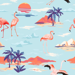 Fototapete Flamingomuster Tropische Insel mit Flamingos Vintage  © wooster