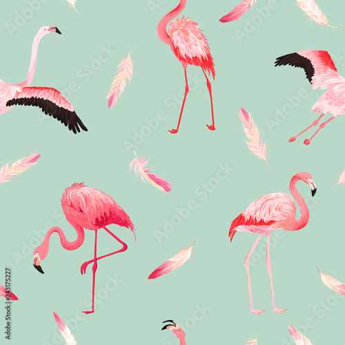 Tropical Flamingo seamless vector summer pattern with pink feathers. Exotic Pink Bird background for wallpapers, web page, texture, textile. Animal Wildlife Design