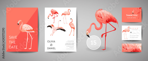 Set of Tropical retro wedding invitation card, modern Save the Date, template design of flamingo bird illustration. Vector trendy cover, pastel graphic poster, brochure