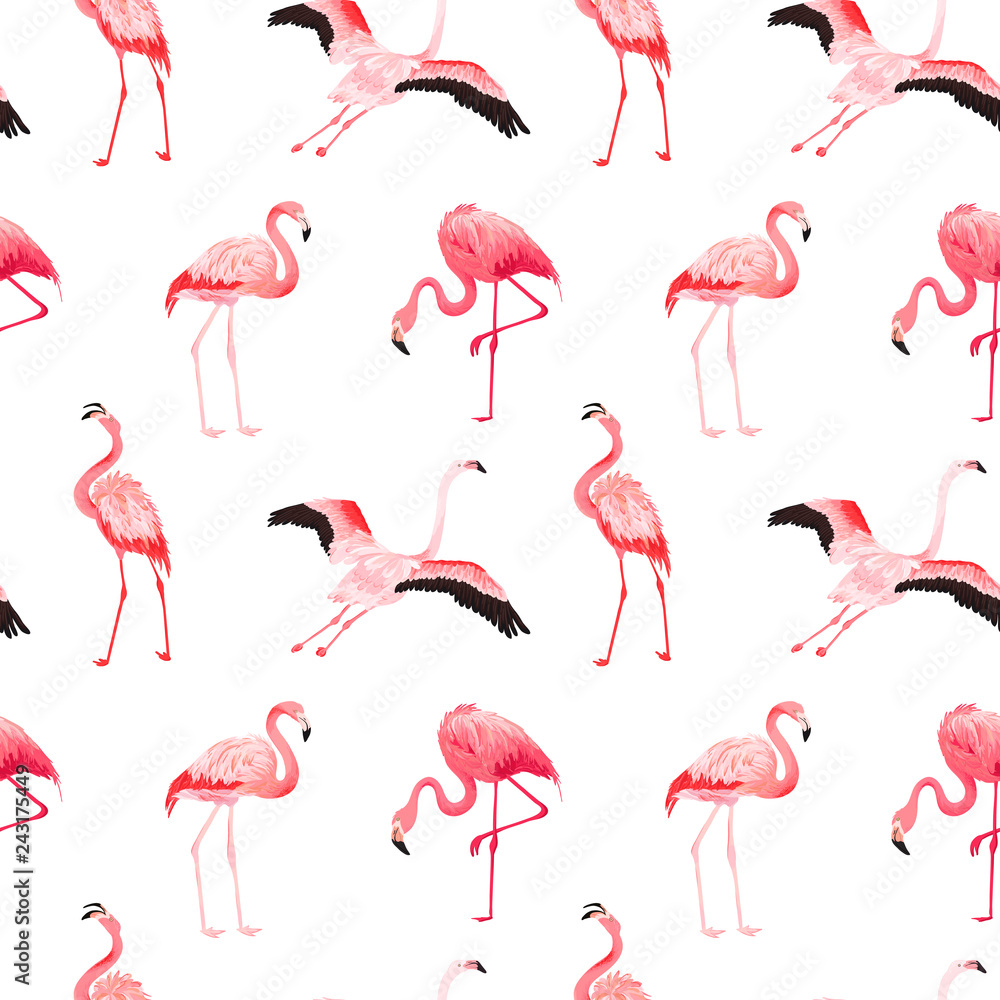 Fototapeta premium Tropical Flamingo seamless vector summer pattern. Exotic Pink Bird background for wallpapers, web page, texture, textile. Nature Wildlife Fauna Design