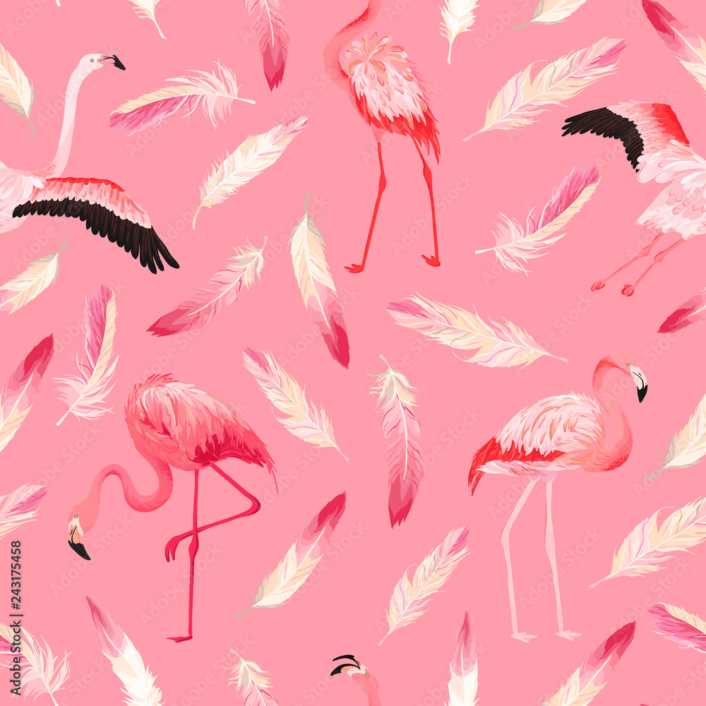 Tropical Flamingo seamless vector summer pattern with pink feathers. Exotic Pink Bird background for wallpapers, web page, texture, textile. Animal Wildlife Design Tropical Flamingo seamless vector summer pattern with pink feathers. Exotic Pink Bird background for wallpapers, web page, texture, textile. Animal Wildlife Design