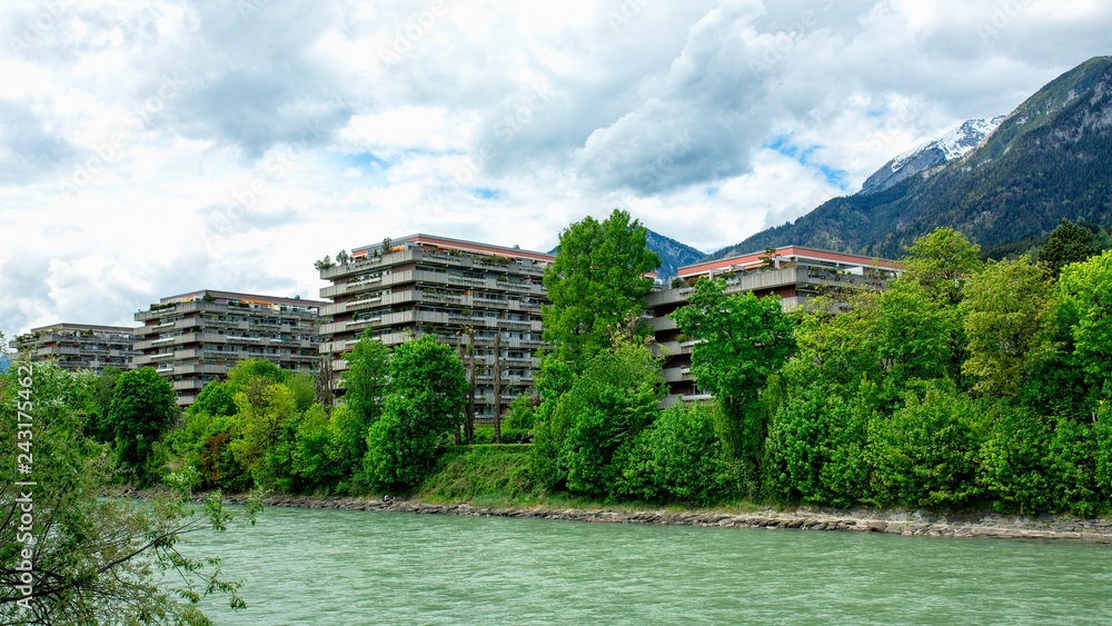  Retro concrete apartment buildings at the Inn riverside, Mariahilf district, Innsbruck, Inn Valley, Tyrol, Austria.