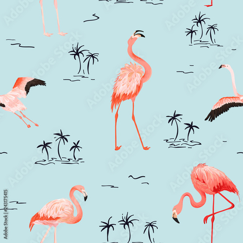 Tropical Flamingo seamless vector summer pattern with tropic palm trees. Bird background for wallpapers, web page, texture, textile.