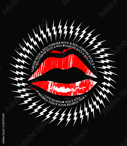 Rock and roll print with text and red lip in vector.