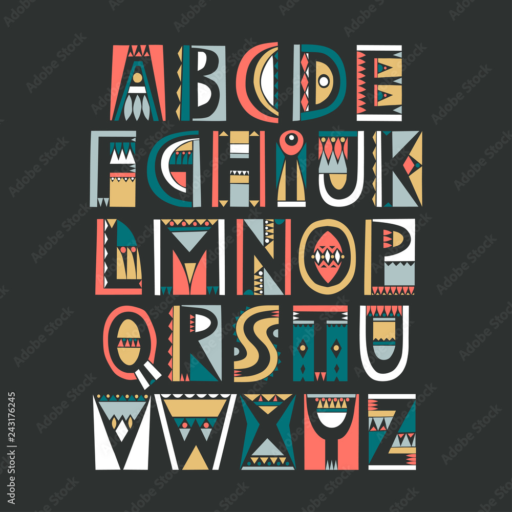 Vector uppercase color alphabet in cutout folk style with filling negative space on a black background