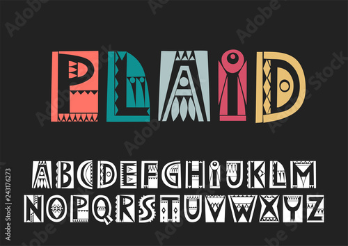 Vector uppercase alphabet in cutout folk style with filling negative space