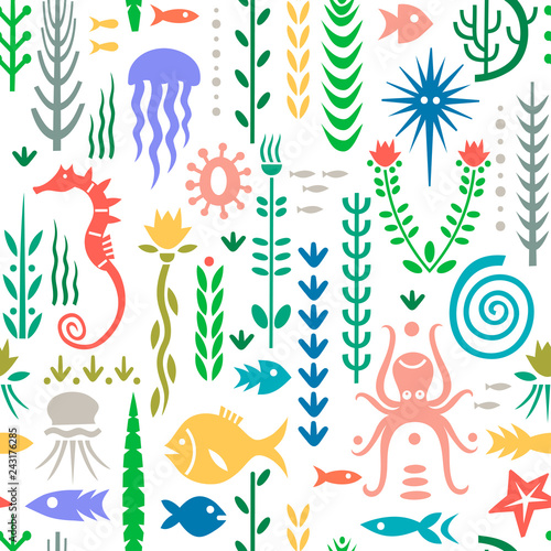 Seamless pattern with underwater plants and animals. Concept for nursery prints, textile, wallpapers.