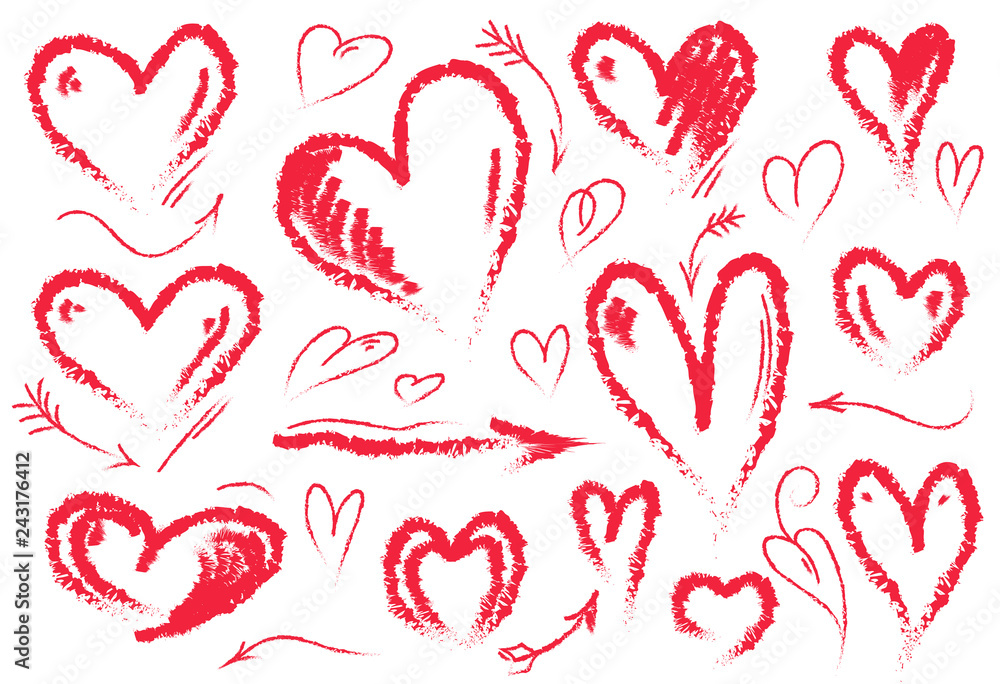 Hand drawn heart. Symbol of love. Vector set of hand drawn hearts and arrows. Red color Hand drawn heart. Symbol of love. Vector set of hand drawn hearts and arrows. Red color