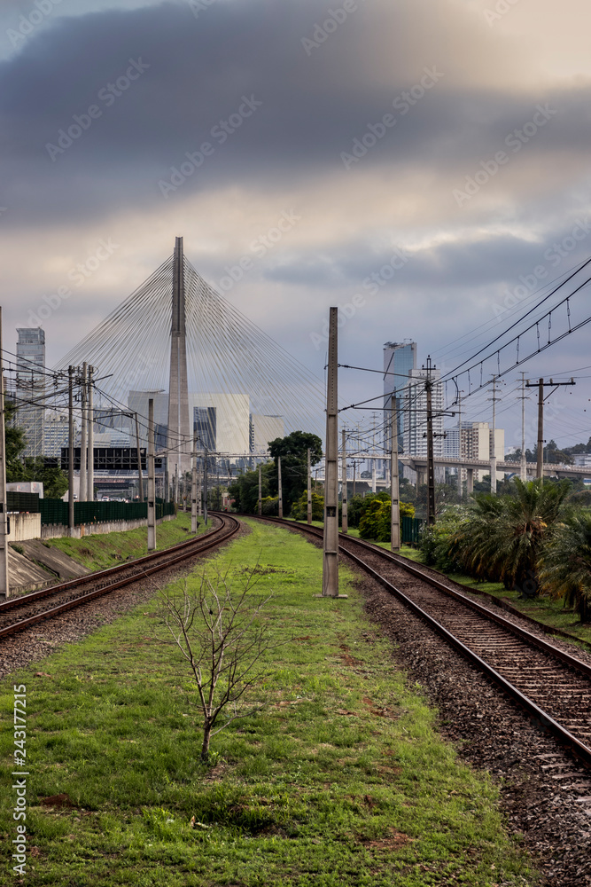 Vista urbana com linha de trem, prédios, pontes e fios