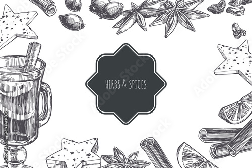 Vector vintage background with mulled wine in cup and ingredients for it isolated on white. Hand drawn texture with traditional winter drink with spices in engraving style