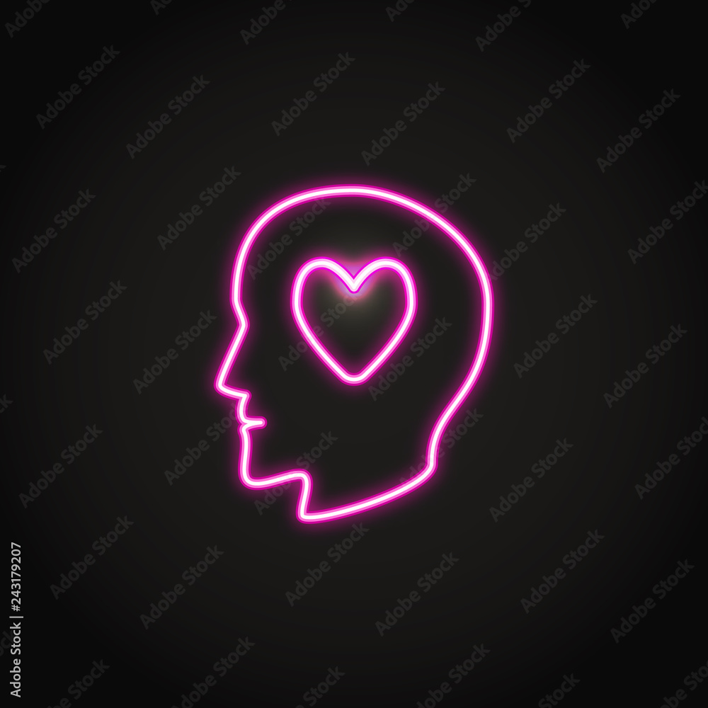 Human head with heart glowing neon icon Human head with heart glowing neon icon