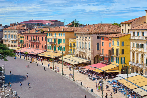 Cafes, restaurants and shops at "Piazza Bra" in Verona in Italy