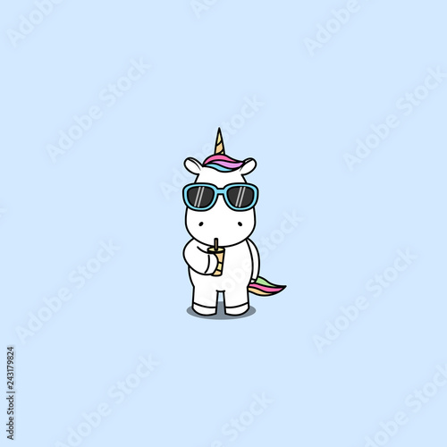 Cute unicorn with sunglasses drinking water, vector illustration