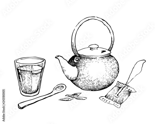 Illustration Hand Drawn Sketch of Tea Bag with Pot and Cup. Tea Is A Highly Nutritious and Refreshing Drink.