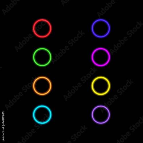 Set of colored neon circles on a black background. Vector illustration .