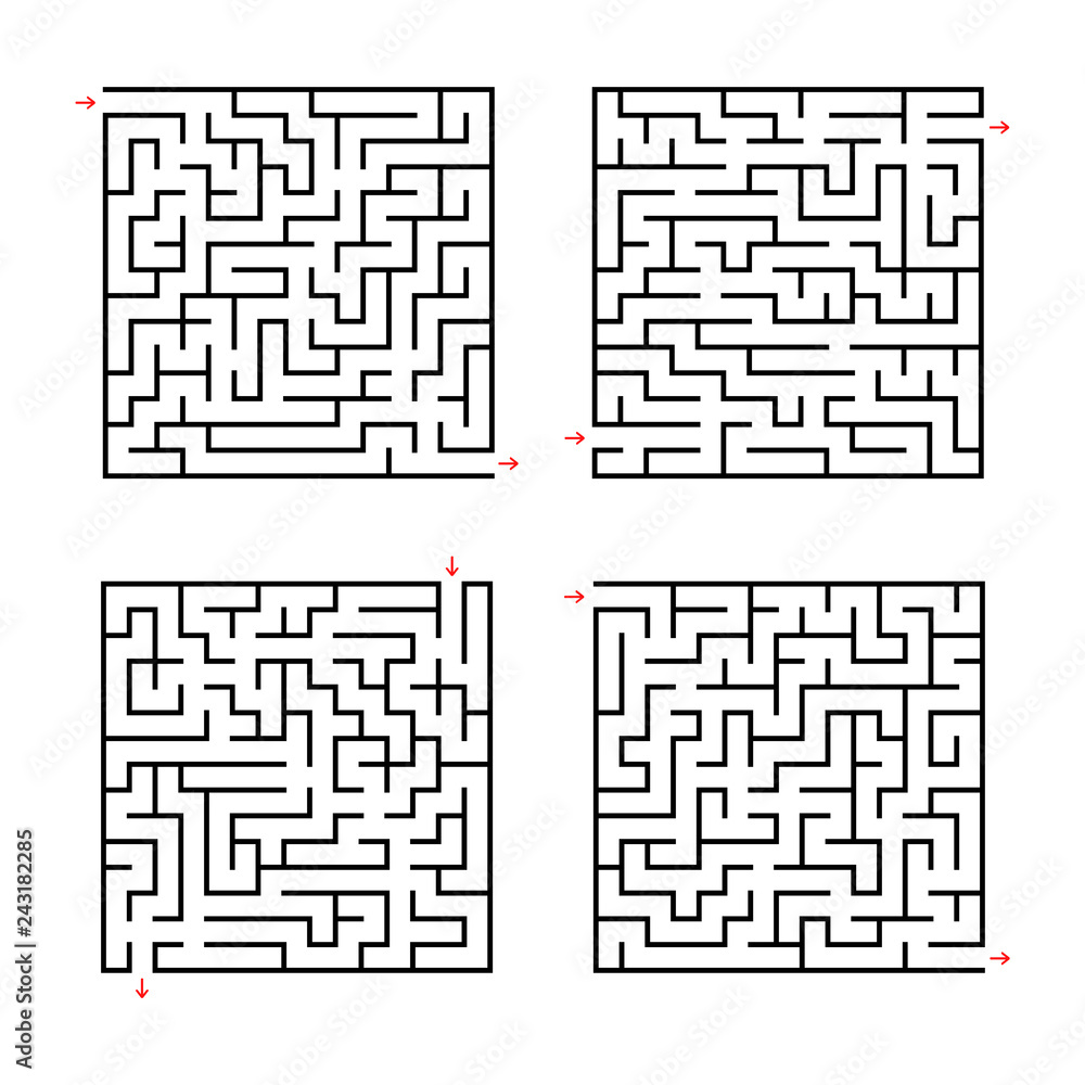 A set of square mazes. Game for kids. Puzzle for children. Labyrinth conundrum. Flat vector illustration isolated on white background.